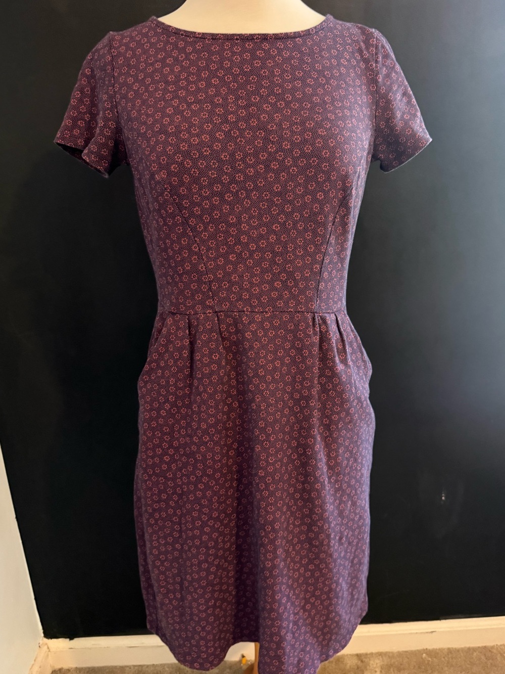 Boden Navy Midi Dress with Red Micro Floral Print